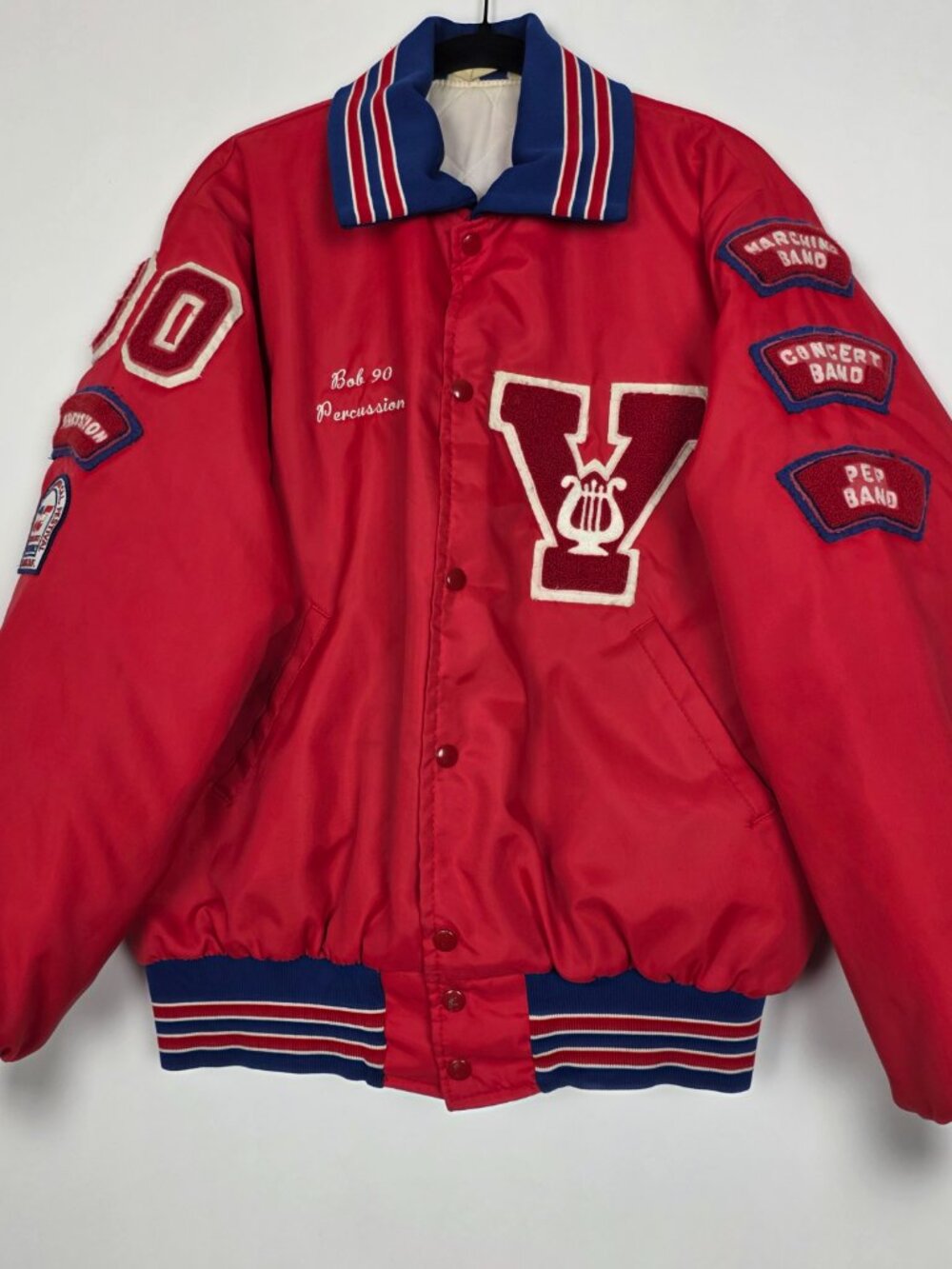 Vintage 90s Neff High School Band Letterman Bomber Mens XL Red Snap Jacket